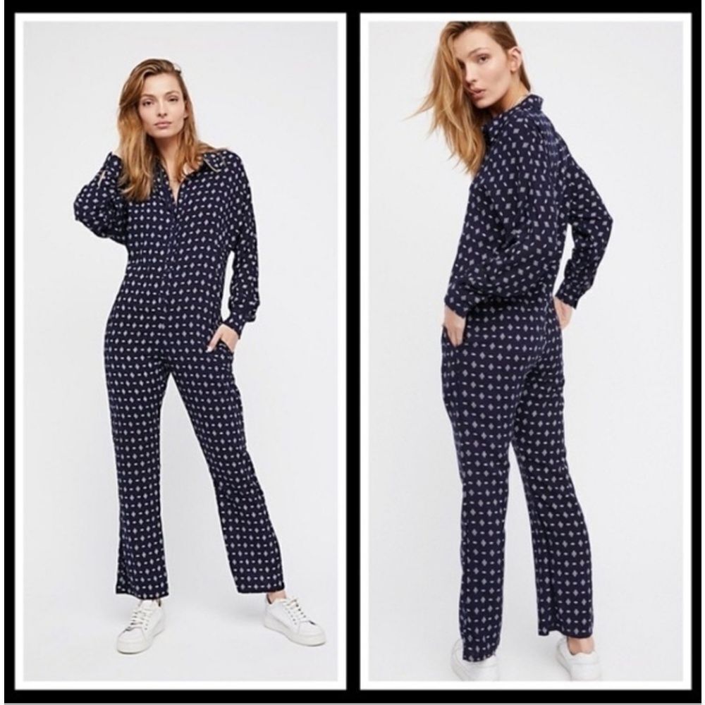 Free People Jump On It Jumpsuit Navy White Size XS